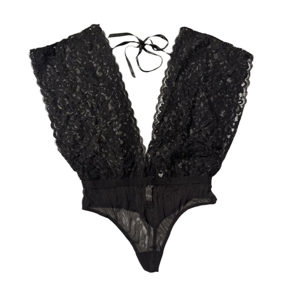 Adore Me Bodysuit Thong Size M Black Lace New w Tag Plunge Vneck